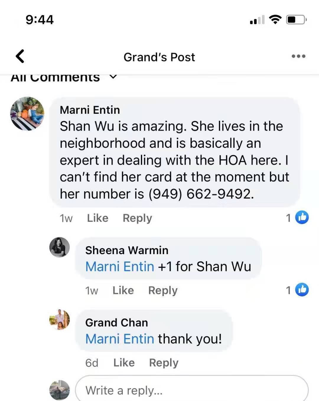 Facebook comments recommending Shan Wu for landscape and HOA help