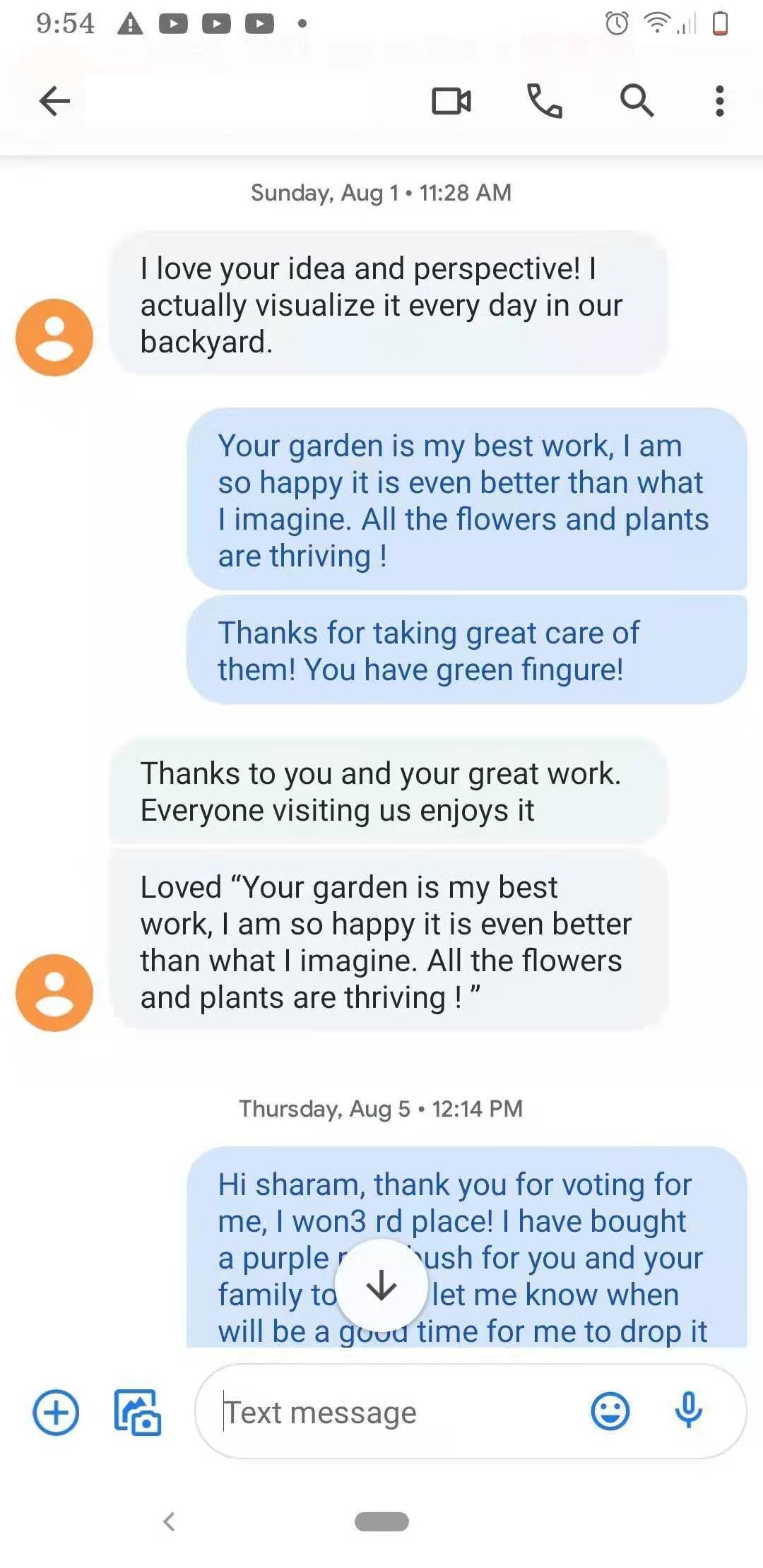 Text message thread thanking Shan for a garden that exceeded expectations