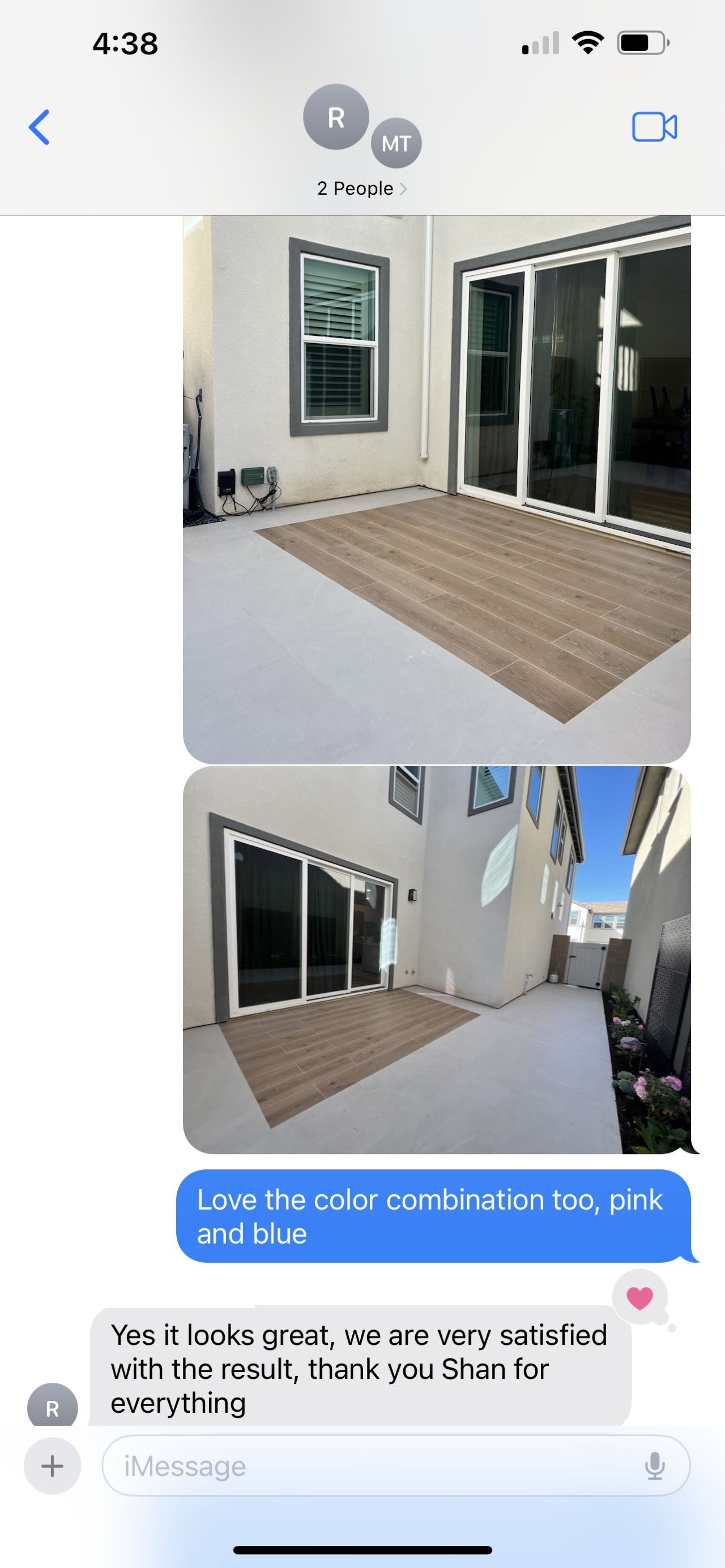 iMessage thread with backyard patio photos and a client thank-you message