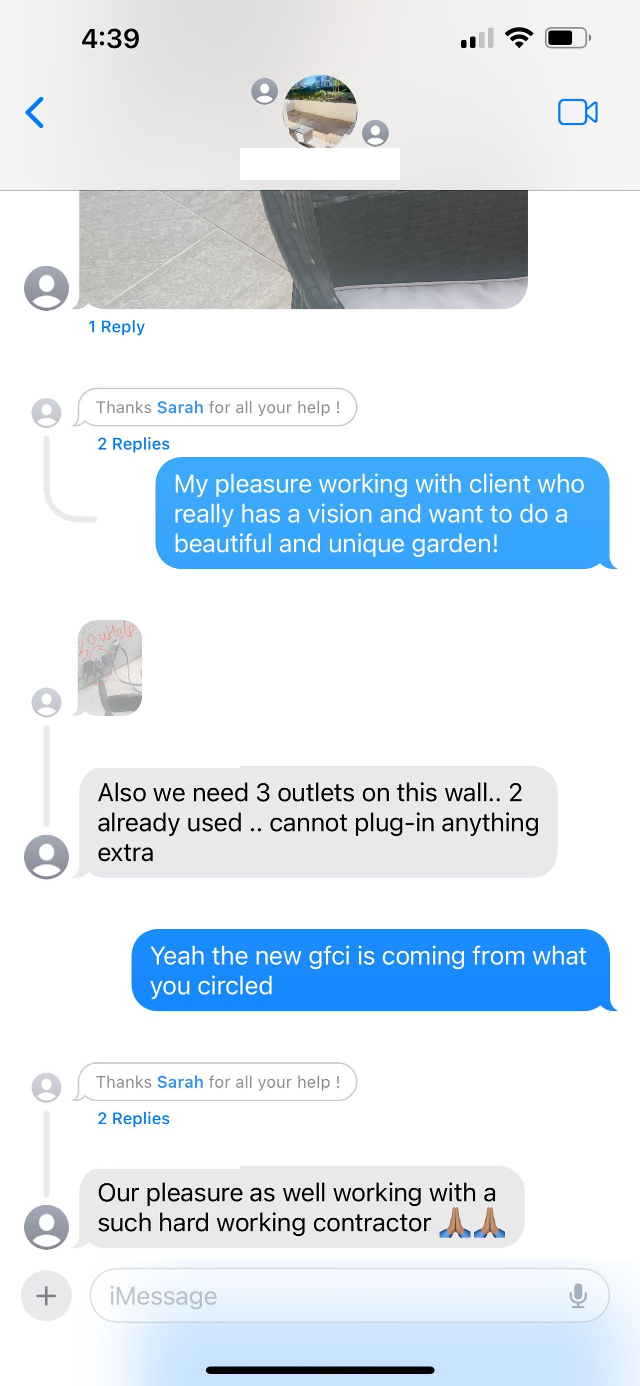 iMessage thread about a paving project with a thank-you message